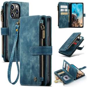 Leather Wallet Case with Wrist Strap for iPhone 13 Pro