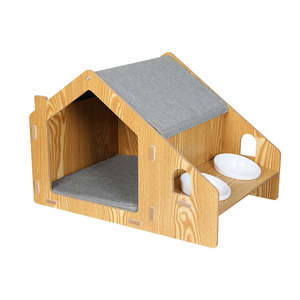 Pet: PaWz Wooden Pet House Cat Kennel Elevated Double Feeder Raised Feeding Bowls