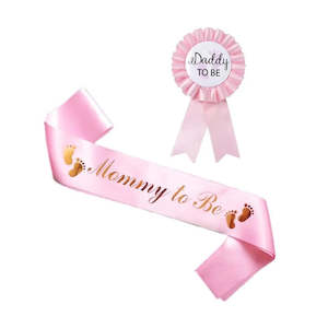 Cake Toppers And Birthday Banners: Daddy To Be Badge and Mummy To Be Sash Set (Pink) Clearance