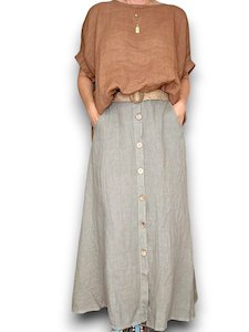 Skirts: RAFFIA BELT COCONUT BUTTON LINEN MIDI SKIRT MOCHA
