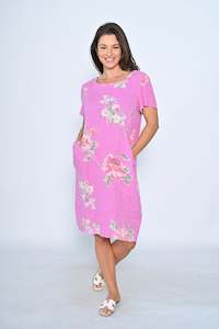RIB SLEEVE FRONT SEAM POCKET BIG FLORAL LINEN DRESS HOT PINK