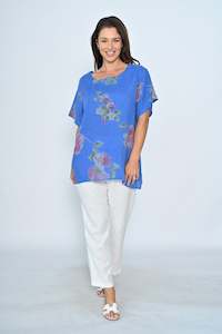 LINEN TOP ROUND NECK BIG FLORAL PRINT COBALT