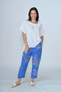 Cali Co: LINEN PANT 3/4 LENGTH FLORAL PRINT COBALT