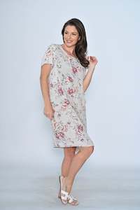 RIB SLEEVE FRONT SEAM POCKET BIG FLORAL LINEN DRESS BEIGE