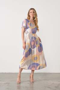 Holmes And Fallon: MULTI GEO V NECK DRAWSTRING WAIST DRESS