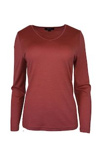 WOMENS 100% MERINO (210) LONG SLEEVE V NECK TOP BRICK