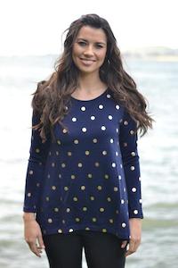 WOMENS 100% MERINO WOOL (210) LONG SLEEVE SWING TOP SPOT PRINT NAVY/ROSE