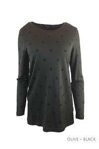 Scoop Neck Womens Merino Wool Nz: WOMEN'S 100% MERINO (210) A-LINE SCOOP LONG SLEEVE TOP SPOT PRINT OLIVE & BLACK