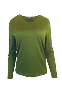 Merino Clothing: WOMENS 100% MERINO (210) LONG SLEEVE V NECK TOP SUMMER PEAR