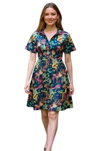 COTTON TUNIC STAND COLLAR TROPICAL BLUE MULTI