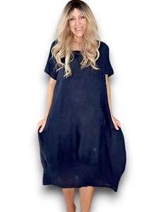 MID SLEEVE MAXI DRESS LINEN NAVY