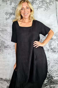 Dresses: MID SLEEVE MAXI DRESS LINEN BLACK