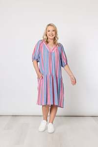 BLOOM STRIPE DRESS INDIGO PINK