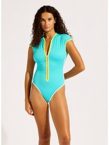 Swimwear Beachwear: CAP SLEEVE ZIP FRONT ONE PIECE BEACH BOUND ATOLL