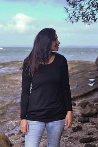 WOMENS 100% MERINO (210) LONGLINE SCOOP LONG SLEEVE TOP BLACK EBAS548