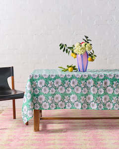 New: Kip & Co Tumbling Flowers Green Linen Tablecloth Std Rectangular