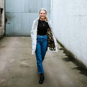 Jackets Coats: Moke Billie Raincoat Ice Crystal with Big Cat Blur (Evie Kemp)