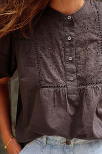 Indi & Cold MC114 Embroidered Voile Blouse Carbon