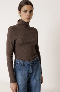 Tops: Indi & Cold ES398 Ribbed Turtleneck Top Chocolate