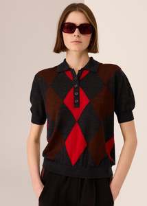 Knitwear: Pol Meira Argyle Knit Tee Char Red Toffee