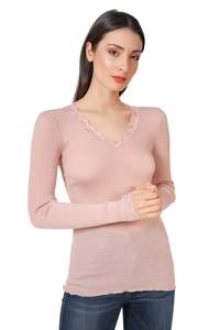 EGi 1489 Wool Silk Rib Knit LS Lace Trim Powder