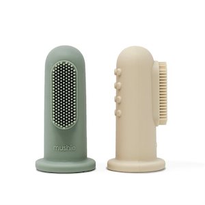 Mushie Finger Toothbrushes: Mushie Finger Toothbrush - Cambridge Blue/Shifting Sand