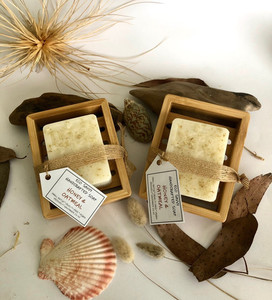 Products: “Tree of Life” Honey & Oats Soap on a wooden soap dish Eco Savvy