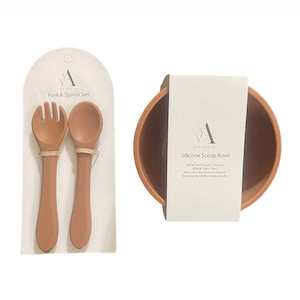 Silicone Dinnerware: Silicone Scooped Suction Bowl & Cutlery Set : Mocha