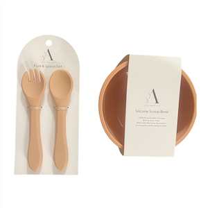 Silicone Scooped Suction Bowl & Cutlery Set : Apricot