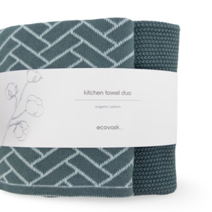Kitchen Towels: Kitchen Towel Duos - Sea Foam Herringbone