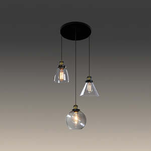 Iron Pendant Lights: Clear glass Pendant Light Black Plate 300 with glass shades