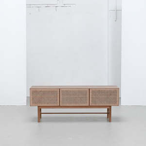 Racquet Media Cabinet - Oak + Rattan