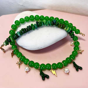 Green  Glass Bead Necklace with Charms