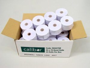 Products: Calibor Bond Paper Rolls 44mm x 75mm 1 ply 24 rolls a box
