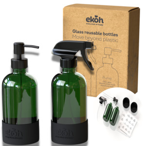Eco Friendly Kitchen Essentials: Green Glass Spray Bottles & Pump Dispenser Bottles 2 pk Refillable 500ml Cleaning Bottles