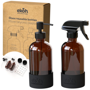 Reusable Glass Bottles: Amber Glass Bottles 500ml Set of 2 Refillable Spray & Pump Reusable Bottles with Silicone Base