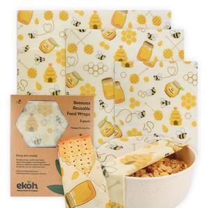 Beeswax Food Wraps Set of 3 Happy Honey Bee Prints Reusable Bees Wax Bowl Covers