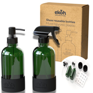 Reusable Glass Bottles: Green Glass Spray Bottles 2 Pack 500ml - Refillable Pump & Spray Dispenser