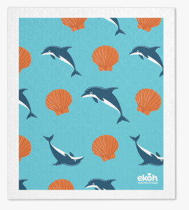 Swedish Dishcloths Singles Create Your Own: Swedish Dishcloth Blue Dolphin Print - Reusable Eco Sponge Cloth 1pc
