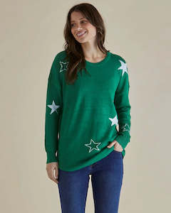 Betty Basics Sophie Knit Jumper | Green Stars