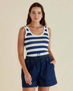 Betty Basics Scoop Neck Tank | Navy Bold Stripe
