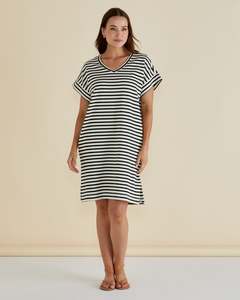 Betty Basics Elise V-Neck Rib Dress | Black White Stripe
