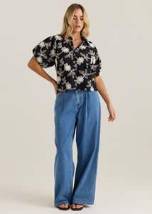 SASS Marlowe Bubble Sleeve Blouse | Black Cream Floral