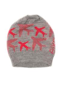 Little Airplane Merino Silk Baby Beanie in Grey Marl and Scarlet