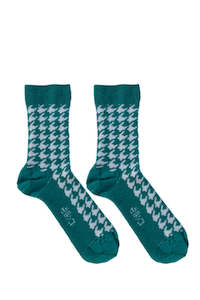 Houndstooth Kids Merino Socks in Jade and White