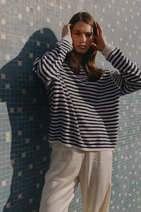 Sweaters: Cashmere Featherweight Oversize Stripe Crew - Navy/Cream