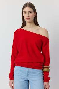 Sweater: Cashmere Off Shoulder Sweater - Red