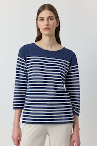 Supmia Cotton Cashmere: Breton 3/4 Sleeve Tee - Indigo/White