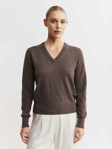 Core Womens: Essential Cashmere Rib V Sweater - Brown Melange