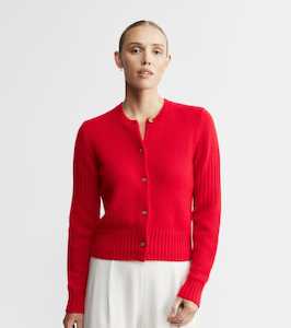 Products: Cashmere Crew Cardigan with Rib Detail - Red